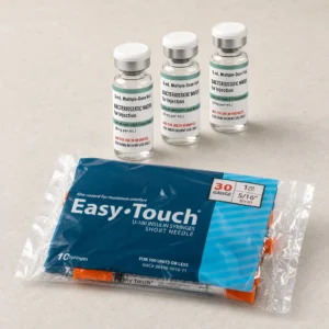 3 mL reconstitution kit: three 3 mL bacteriostatic water vials and EasyTouch insulin syringes